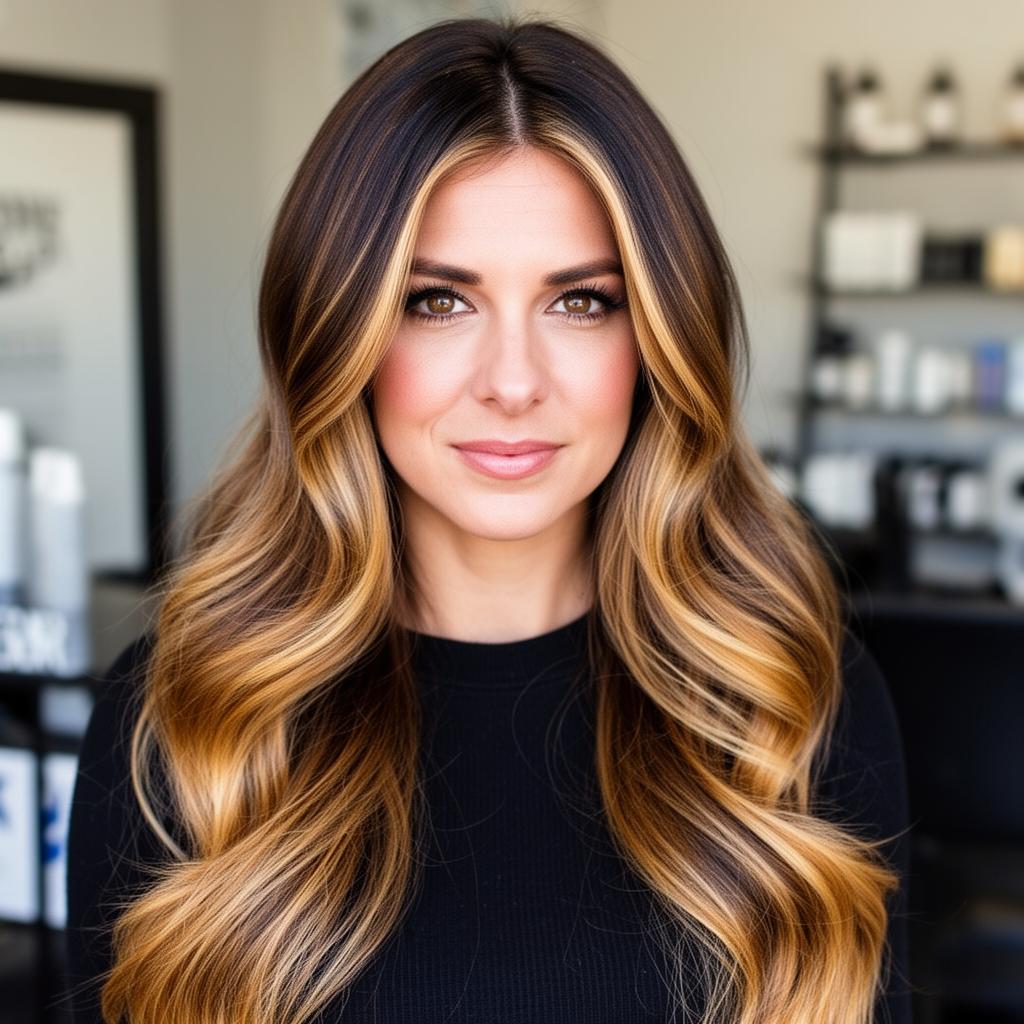 Long glossy balayage waves in brunette and caramel