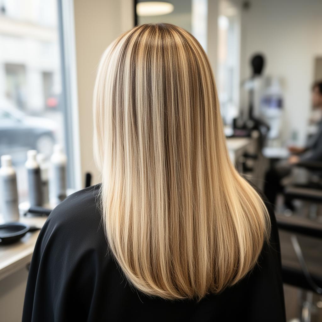 Bright blonde highlights, sleek and shiny