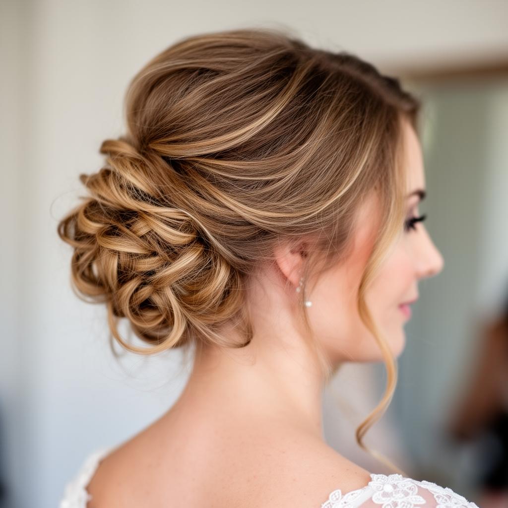 Romantic bridal updo with loose tendrils